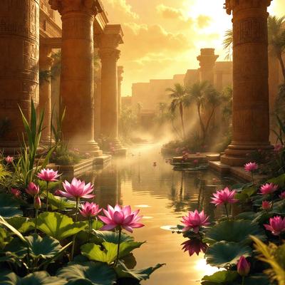The primary subject of the image is a beautiful garden with a pond filled with water and surrounded by a variety of flowers, including pink and purple ones. The setting is a serene and picturesque environment, with the pond surrounded by a variety of flowers and a few palm trees. The visual style of the image is a combination of photo and digital art, creating a vibrant and lush atmosphere. The colors and mood of the image are predominantly pink and purple, giving the scene a sense of